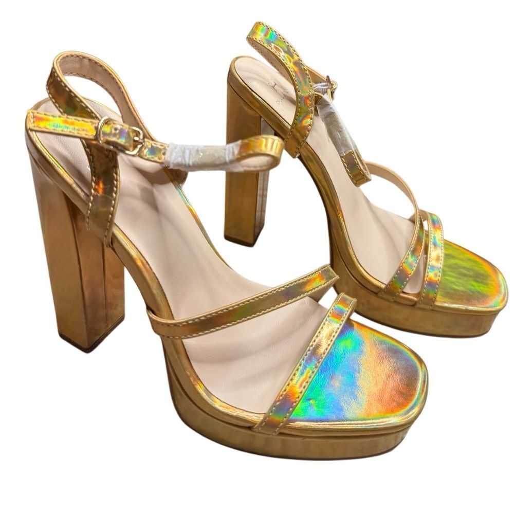 NWB Halston Heritage Sardinia Metallic Gold Block Heel Sandals Size 6 - Picture 2 of 9